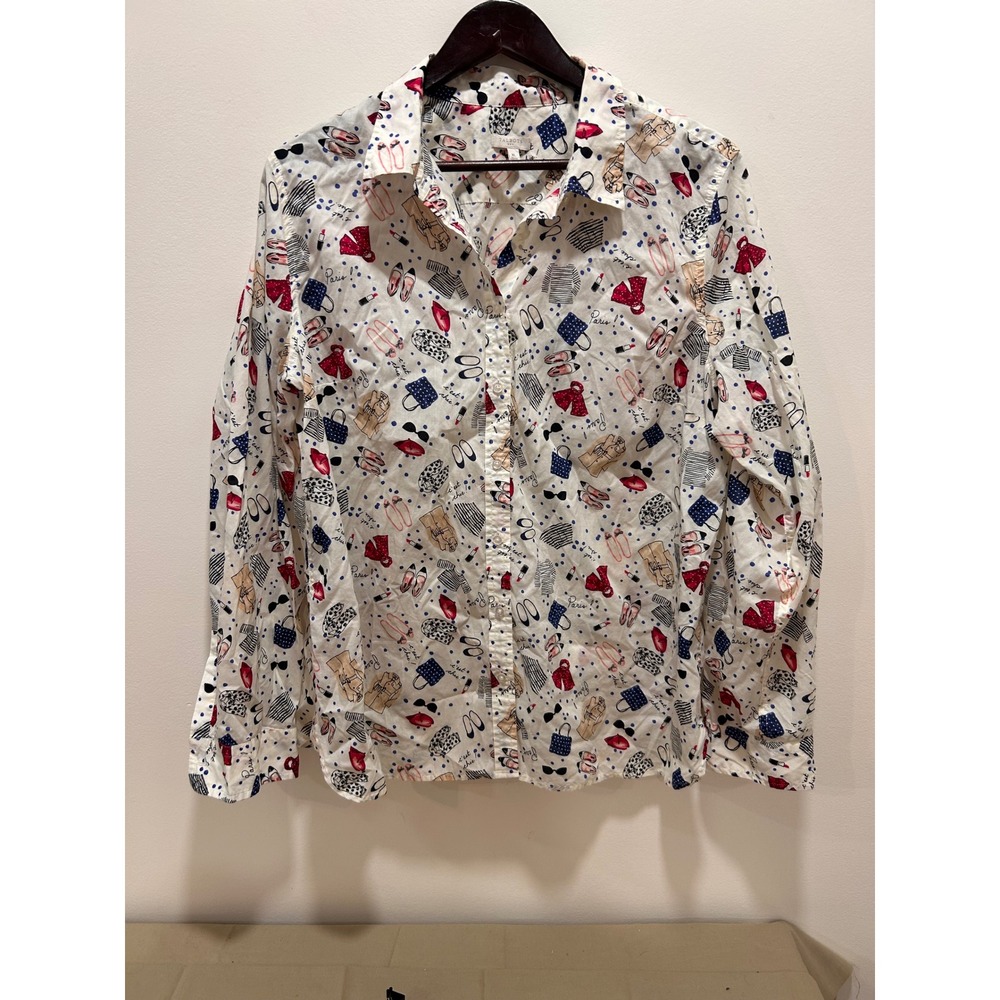 Talbots Paris Novelty Print Button Down Shirt White Blue Polka Dot Women XL